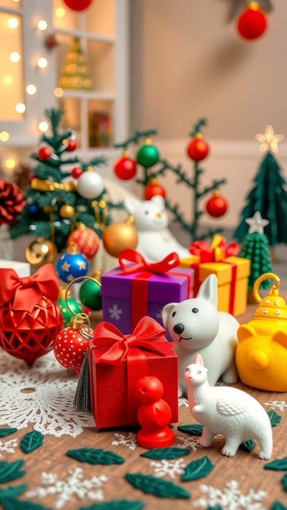 Creative 3D Printed Christmas Gift Ideas A variety of 3D printed Christmas gifts including ornaments, keychains, and figurines on a festive table.